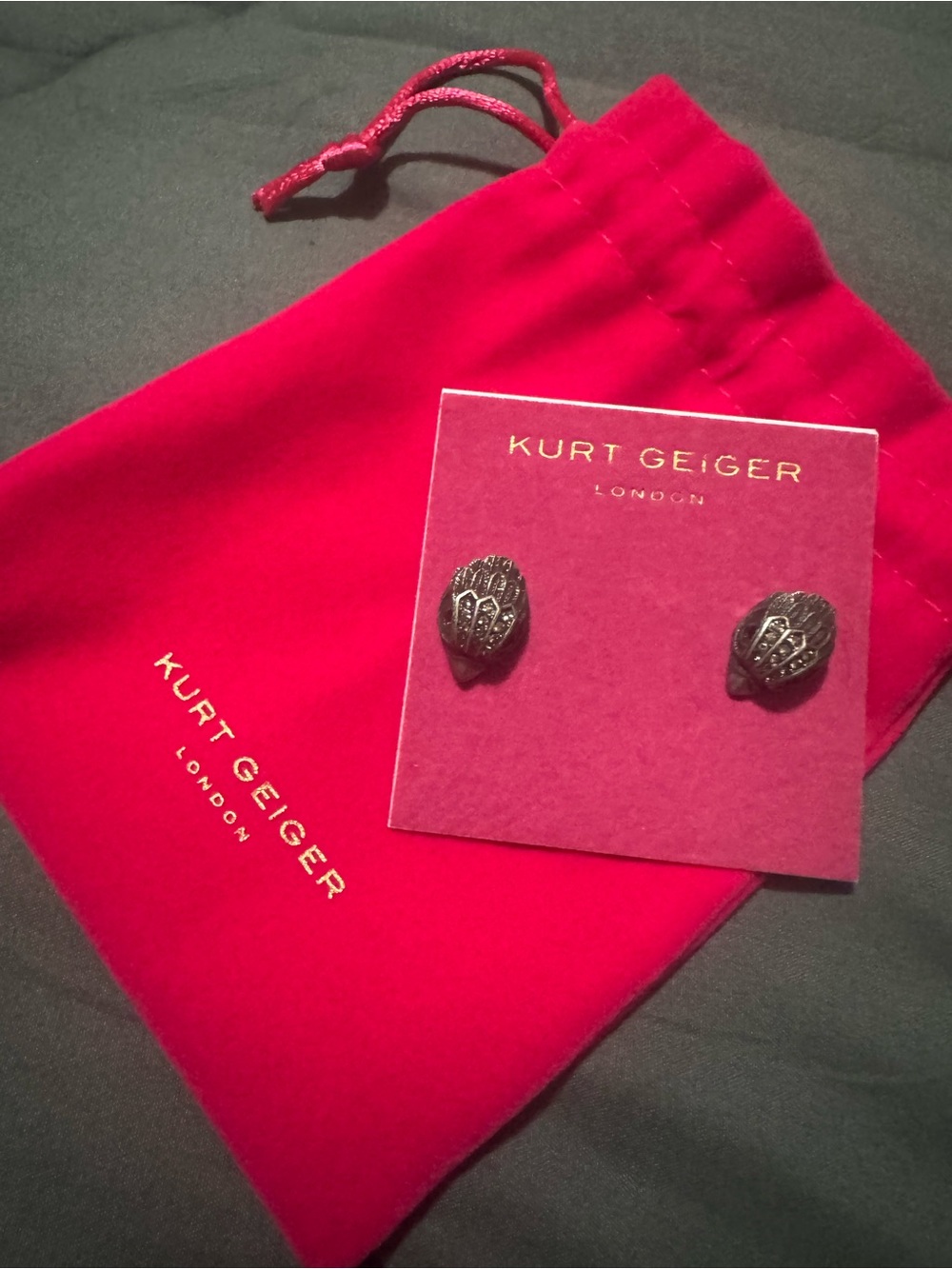 Kurt Geiger Earrings. Gun Metal w/Pink Pouch